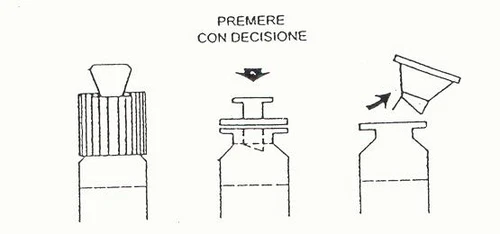 Diagramma con tre passaggi che mostra come premere con decisione il tappo di un flacone medico per attivare il meccanismo di iniezione