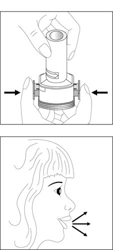 Two line drawings show hands pressing a cylindrical medical device and the profile of a woman exhaling air from her mouth