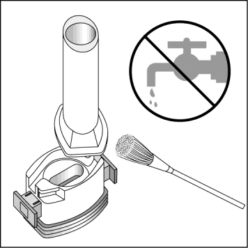 Inhalation medical device with a vertical tube, a thin brush, and a symbol of a crossed-out faucet indicating prohibition of water