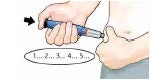 Una mano impugna una penna iniettiva contro l'addome mentre l'altra mano tiene la pelle e un contatore numerico indica i secondi da 1 a 5
