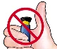 Una mano che tiene un contenitore blu e giallo con un simbolo di divieto rosso circolare e una barra diagonale sopra l'oggetto