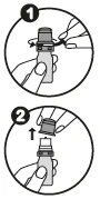 Two-step diagram showing a hand twisting the cap of a medical vial and a hand lifting it upward