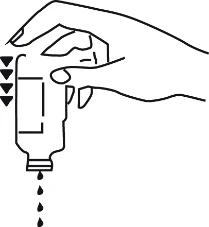 Line drawing of a hand holding an inverted bottle from which drops of liquid are falling downward