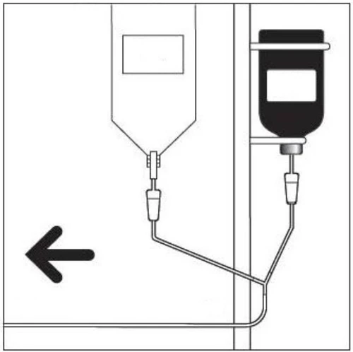 Technical diagram showing two medical vials connected via tubing to a single common conduit with a black arrow pointing to the left