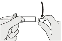 Two hands holding a medical device, one hand gripping the body of the device and the other