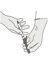 Two hands holding a syringe to prepare the dosage using a cylindrical, dark measuring device