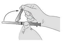 Two hands removing the protective cap from a syringe with an upward motion