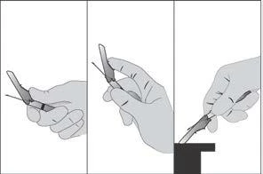 Three illustrations showing hands holding a medical device to administer it at different angles onto a dark surface