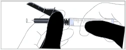 Two hands wearing black gloves hold a syringe horizontally while an upper hand pushes the plunger to inject liquid into the syringe barrel