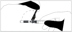 A hand holds a syringe horizontally to insert it into the body with an arcing motion toward the