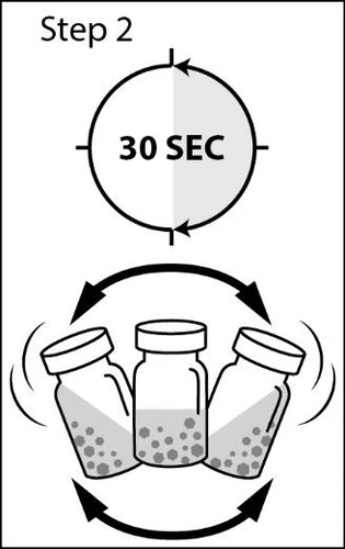Diagram with the label Step 2, a timer indicating 30 SEC, and three medical vials rotating between two circular arrows