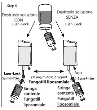 Medical diagram showing the transfer of syringes with liposomal Fungotill into glucose bags, both with and without Luer-Lock, using 5-micron filters