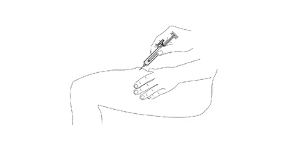 Dashed-line drawing of a hand holding a syringe injecting medication into the upper thigh of a seated person