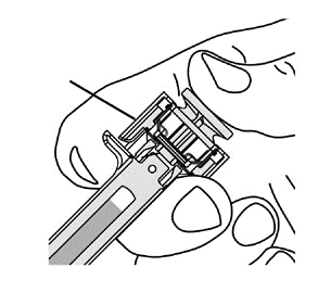 Technical drawing showing a hand holding an injection pen preparing the