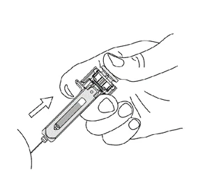A hand holding a pen-shaped medical device injecting medication into a body part, with an arrow indicating movement toward the