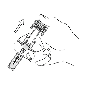A hand holding a syringe-shaped medical device with an arrow indicating movement toward the