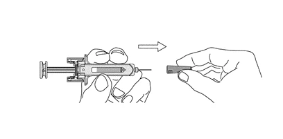 Technical drawing showing two hands handling a syringe with a needle and an arrow indicating movement to the right