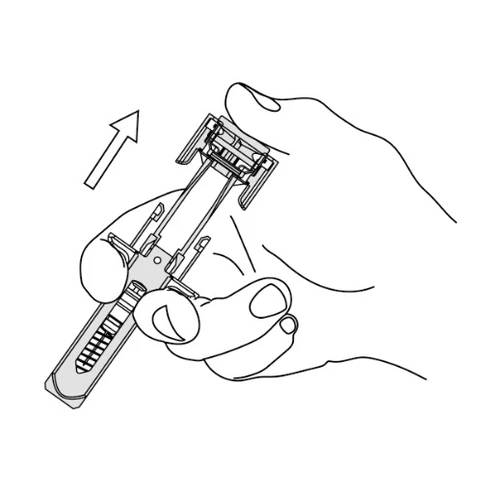 Two hands holding a cylindrical medical device with an arrow indicating movement toward the
