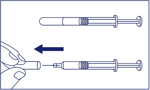 Technical diagram showing the removal of a protective cap from a syringe indicated by a blue arrow pointing to the left