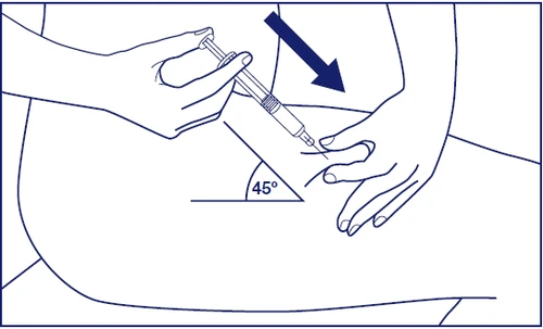 Two hands holding a syringe to inject liquid into the body at a 45-degree angle indicated by a blue arrow and a geometric symbol