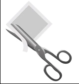 A pair of open metallic scissors cutting a white sheet of paper against a neutral background