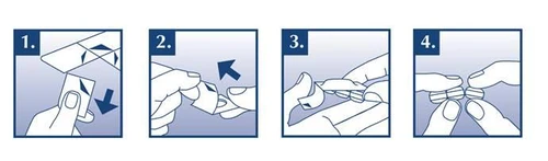 Quattro illustrazioni sequenziali mostrano le mani che aprono e separano un contenitore o un dispositivo medico in quattro passaggi distinti