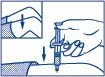 Disegno tecnico che mostra una mano che impugna una siringa per un'iniezione sottocutanea con una freccia che indica la direzione del movimento