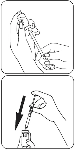 Technical drawing showing two hands handling a syringe to draw or inject liquid from a vial, with a black arrow pointing downward