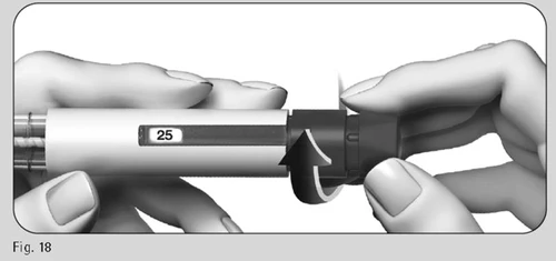 Two hands hold a black and white injection pen while a curved arrow indicates rotational movement toward the