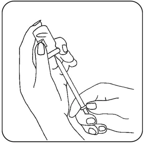 Black line drawing showing two hands manipulating a syringe with a needle to prepare or administer a liquid medication