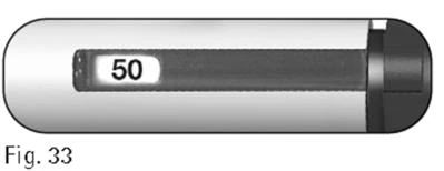 Horizontal capsule with numerical indicator 50 on a light background and a dark section occupying the right part of the device