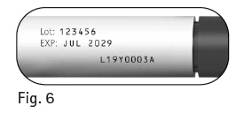 Detail of a white cylindrical container with black text indicating Lot 123456, EXP JUL 2029, and code L19Y0003A