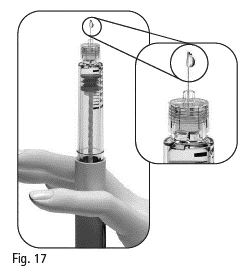 A hand holds a syringe filled with liquid, with a magnified detail showing a drop falling from the tip of the