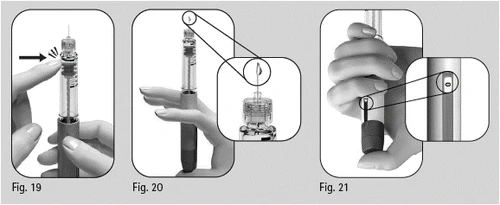 Sequence of three illustrations showing how to press the button on the injection pen, hold it, and verify the dosage via magnified views