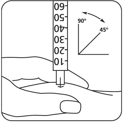 Diagram showing a hand holding a medical device on the skin with angle indications of 45 and 90 degrees and a graduated scale