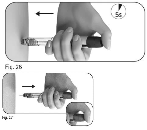 Two illustrations show a hand holding an injection pen against the skin, with directional arrows and a timer indicating 5 seconds