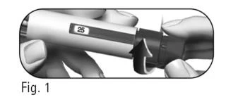 Two hands hold an injection pen with a black arrow indicating rotational movement of the terminal part to the right