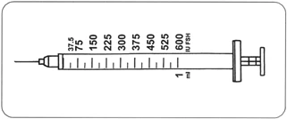Technical drawing of a 1 ml syringe with a graduated scale in FSH international units from 37.5 to 600 and needle on the left tip