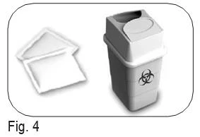 Biological waste container with biohazard symbol next to a white disposal bag on a light background