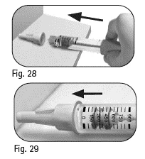 Medical diagrams showing a hand moving a device to the left and a detailed view of a graduated scale with numbers 0, 150, 450, 750, and 900