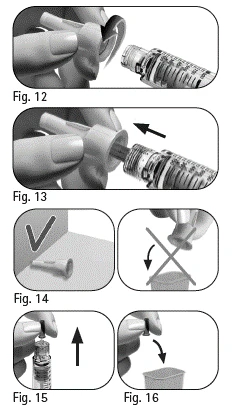 Sequenza di illustrazioni mediche che mostrano come rimuovere il cappuccio, inserire la siringa, evitare di appoggiare il flacone e aspirare il liquido