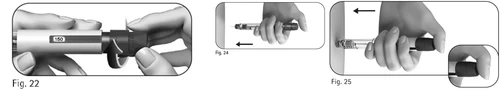 Three black and white illustrations show hands holding and manipulating a pen-type medical device for the