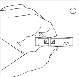 Disegno a linee nere di una mano che tiene e maneggia un piccolo dispositivo medico rettangolare con una sezione centrale a strisce