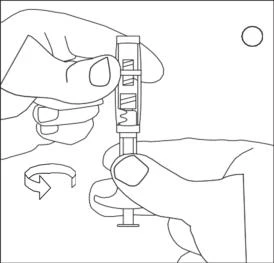 Disegno lineare di due mani che tengono una siringa per ruotare la parte superiore e preparare il dosaggio del farmaco