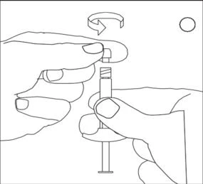 Disegno lineare che mostra due mani che ruotano il cappuccio di una siringa per estrarre l'ago con una freccia curva che indica il movimento