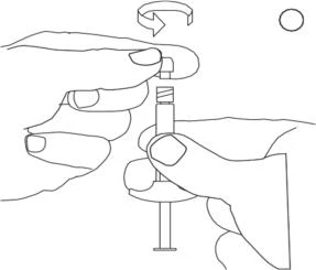 Disegno lineare di due mani che ruotano la parte superiore di una siringa verso destra per preparare il dispositivo medico