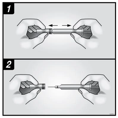 Two diagrams show two hands separating or joining components of a medical device with directional arrows and an exposed needle