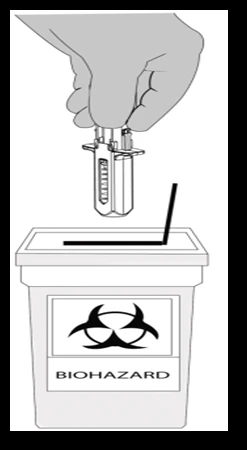 Рука держит контейнер для острых предметов над ёмкостью для биологических отходов с символом биологической опасности и надписью BIOHAZARD