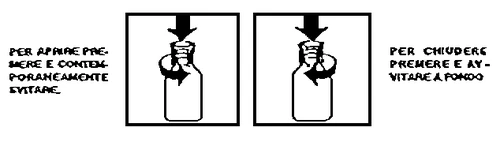 Two diagrams show how to press and simultaneously rotate a vial downward to properly open or close it