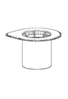 Dibujo técnico en blanco y negro de un recipiente cilíndrico con un borde ancho, plano y circular en la parte superior